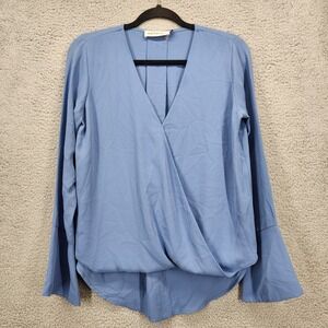 Veronica M Women's Size Small Blue Long Sleeve Faux-Wrap Blouse Top